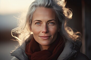 A woman with Gray Hair Gazing at the Camera Against a Natural Backdrop.