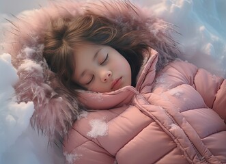 A little girl lying in a sleeping position in winter snow.