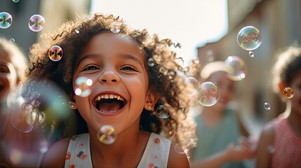 Group of Smiling Children Enjoying a Sunny Day at a Soap Bubble Show.