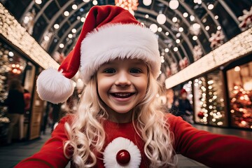 Little Girl in Santa Claus Costume Against a Bokeh Background.