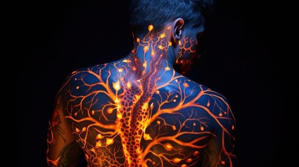 Man with Luminous Indigo and Gold Tattoos in Intricate Pen Art Style.