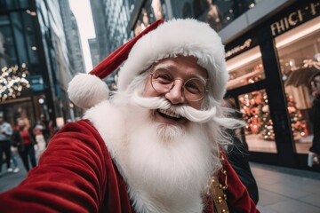 Santa Claus Capturing a Selfie Outdoors on a Festive Street.