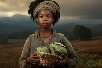 Little African Girl with Basket of Fresh Cabbage in Natural Setting.