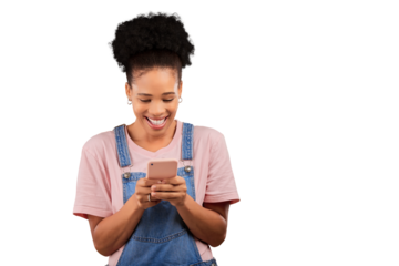 African, happy woman and typing with phone on social media with transparent, isolated or png background. Networking, chat and model with cellphone for mobile app, online reading or funny meme