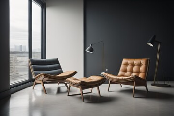 Lounge chair against window. Minimalist home interior design of modern living room