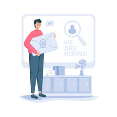 A man sends an email applying for a job vector illustration