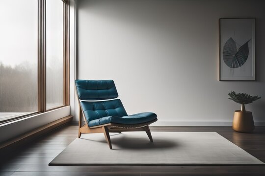 Lounge chair against window. Minimalist home interior design of modern living room