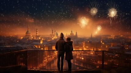 couple and fireworks on the river