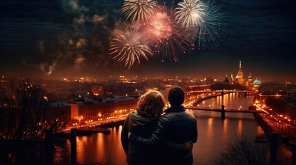 Fototapeta na wymiar couple and fireworks on the river