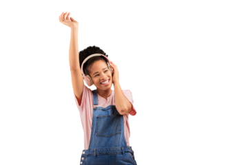 Woman, dance and music for headphones listening or radio, rock audio or isolated transparent png background. Black person, move and smile for streaming playlist or jazz song track, podcast or hip hop
