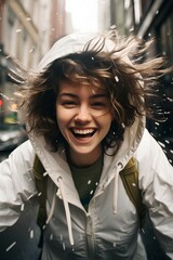 woman is in a white hoodie moving and smile, movement and spontaneity, london street background. generative AI - obrazy, fototapety, plakaty