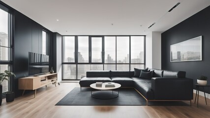 Naklejka na ściany i meble Minimalist studio apartment with black leather sofa. Interior design of modern living room, panorama