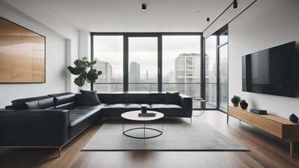 Fototapeta na wymiar Minimalist studio apartment with black leather sofa. Interior design of modern living room, panorama