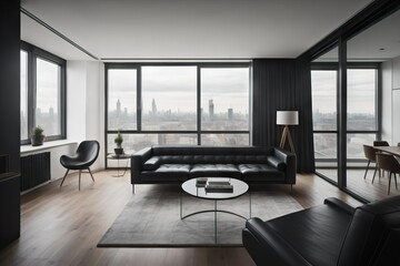 Minimalist studio apartment with black leather sofa. Interior design of modern living room, panorama