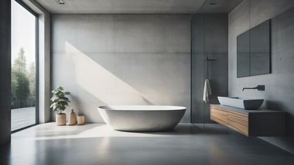 Minimalist style interior design of modern bathroom with concrete wall - obrazy, fototapety, plakaty