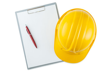 Yellow construction Helmet And Ballpoint Pen On Clipboard With Blank Paper Isolated.