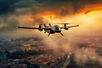 Fototapeta na wymiar Military drone in flight observing positions. An unmanned aerial vehicle against the backdrop of a burning city. War. Reconnaissance and attack. Modern weapons.