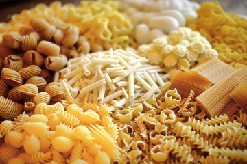 Still life with many different types of pasta. Pasta made from durum wheat of different colors and sizes. Large selection of pasta.