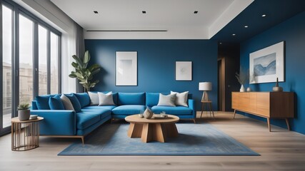 Naklejka na ściany i meble Modern interior design of living room. Blue sofa, and wooden coffee tables over blue wall with copy space