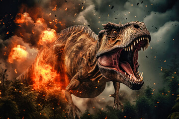 A terrible dinosaur Tyrannosaurus T-rex with an open huge mouth and powerful teeth. Prehistoric monster.