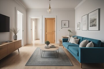 Fototapeta premium Modern interior of apartment, home design, living room with sofa, hall with door