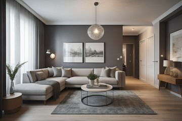 Fototapeta na wymiar Modern interior of apartment, home design, living room with sofa, hall with door