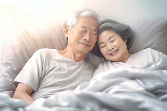 Asian elderly couple in love, man and woman lie in bed. Love and romance. Family idyll. Happy morning for lovers. Valentine's Day. - Powered by Adobe