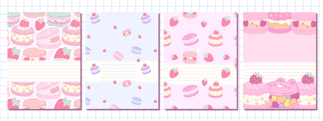 Set cute notebook cover for kids with hand drawing kawaii cartoon elements cupcake dessert  children on soft pink purple yellow background with background inspiration kid education