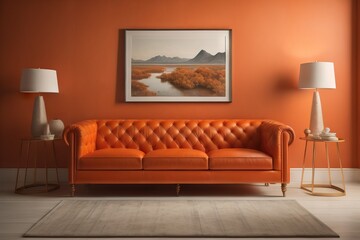 Orange tufted leather sofa against coral wall with copy space. Minimalist home interior design of modern living room