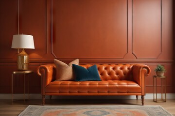 Orange tufted leather sofa against coral wall with copy space. Minimalist home interior design of modern living room