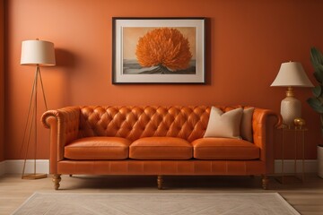 Orange tufted leather sofa against coral wall with copy space. Minimalist home interior design of modern living room