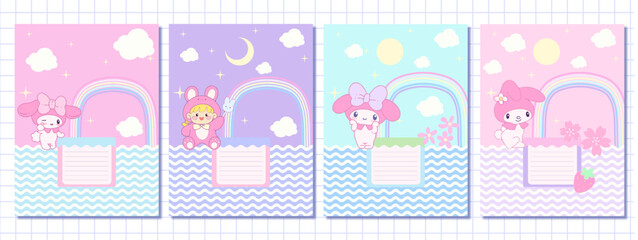 Set cute notebook cover for kids with hand drawing kawaii cartoon elements animals characters children on soft pink purple yellow background with background inspiration kid education 