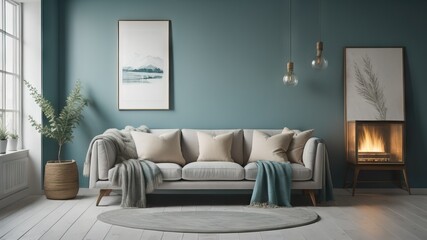Rustic sofa with fur pillow and blanket near fireplace against turquoise wall with poster - obrazy, fototapety, plakaty