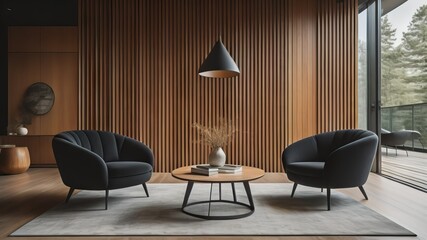 Two black chairs at round coffee table against wood paneling wall. Mid-century minimalist style home interior design of modern living room