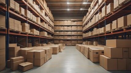 Warehouse full of shelves with goods in cardboard boxes and packages