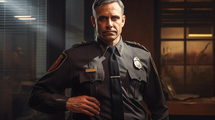 a man in a security uniform standing in a room