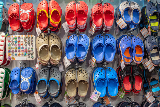 A large variety of Crocs on display in a Siam Paragon Mall in Bangkok, Thailand