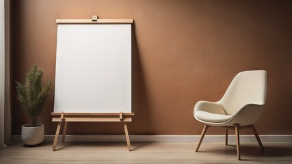  Wooden easel with white blank canvas with copy space against brown venetian stucco wall. Home interior design of modern living room