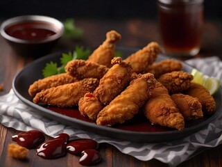 A platter of crispy fried chicken tenders, with a crunchy exterior and tender, juicy meat inside, served with a side of tangy barbecue sauce,