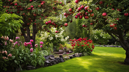 Dwarf apple trees in the green summer garden