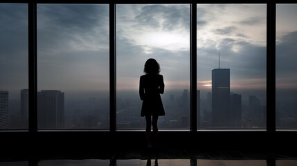 a woman standing in front of a window looking out at the city