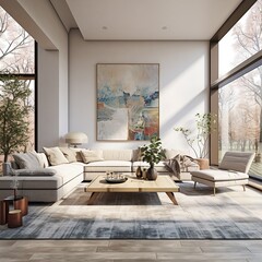 Classic living room design with a contemporary art piece dominating the space and soft natural light