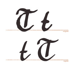 Obraz premium Letter T logo. Medieval script type. Original and regular calligraphy. Middle Ages Gothic set. Vintage blackletter Germanic font for fairytale, Fraktur headline, oldschool header, heraldry manuscript.
