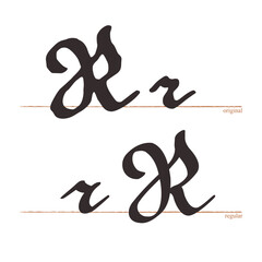 Fototapeta premium Letter R logo. Medieval script type. Original and regular calligraphy. Middle Ages Gothic set. Vintage blackletter Germanic font for fairytale, Fraktur headline, oldschool header, heraldry manuscript.