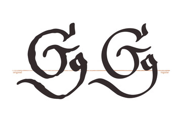 Letter G logo. Medieval script type. Original and regular calligraphy. Middle Ages Gothic set. Vintage blackletter Germanic font for fairytale, Fraktur headline, oldschool header, heraldry manuscript. - obrazy, fototapety, plakaty