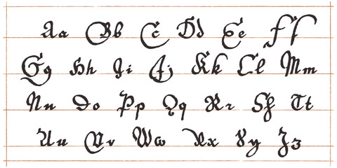 Medieval script alphabet. Original style calligraphy. Middle Ages Gothic set. Vintage blackletter Germanic font for fairytale, Fraktur headline, oldschool header, heraldry manuscript.