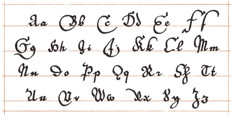 Fototapeta premium Medieval script alphabet. Original style calligraphy. Middle Ages Gothic set. Vintage blackletter Germanic font for fairytale, Fraktur headline, oldschool header, heraldry manuscript.