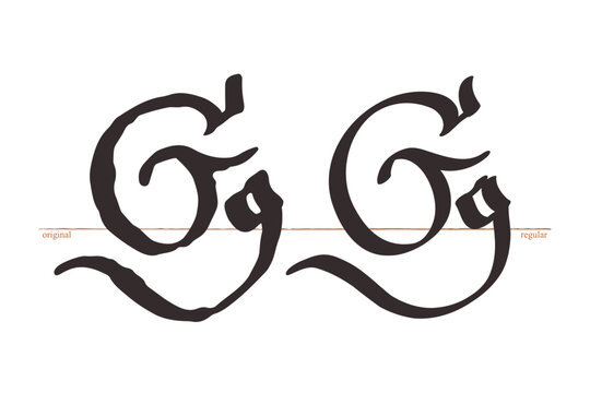 Letter G logo. Medieval script type. Original and regular calligraphy. Middle Ages Gothic set. Vintage blackletter Germanic font for fairytale, Fraktur headline, oldschool header, heraldry manuscript.