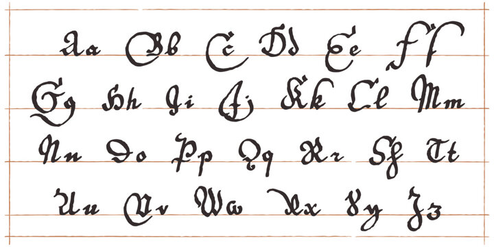 Medieval script alphabet. Original style calligraphy. Middle Ages Gothic set. Vintage blackletter Germanic font for fairytale, Fraktur headline, oldschool header, heraldry manuscript.