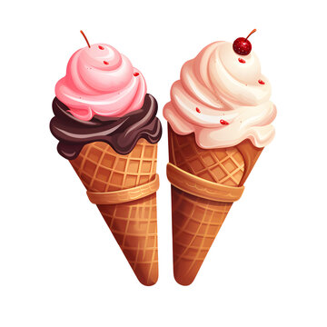 Swirled pink, chocolate and vanilla ice creams in a cone with a cherry on top.